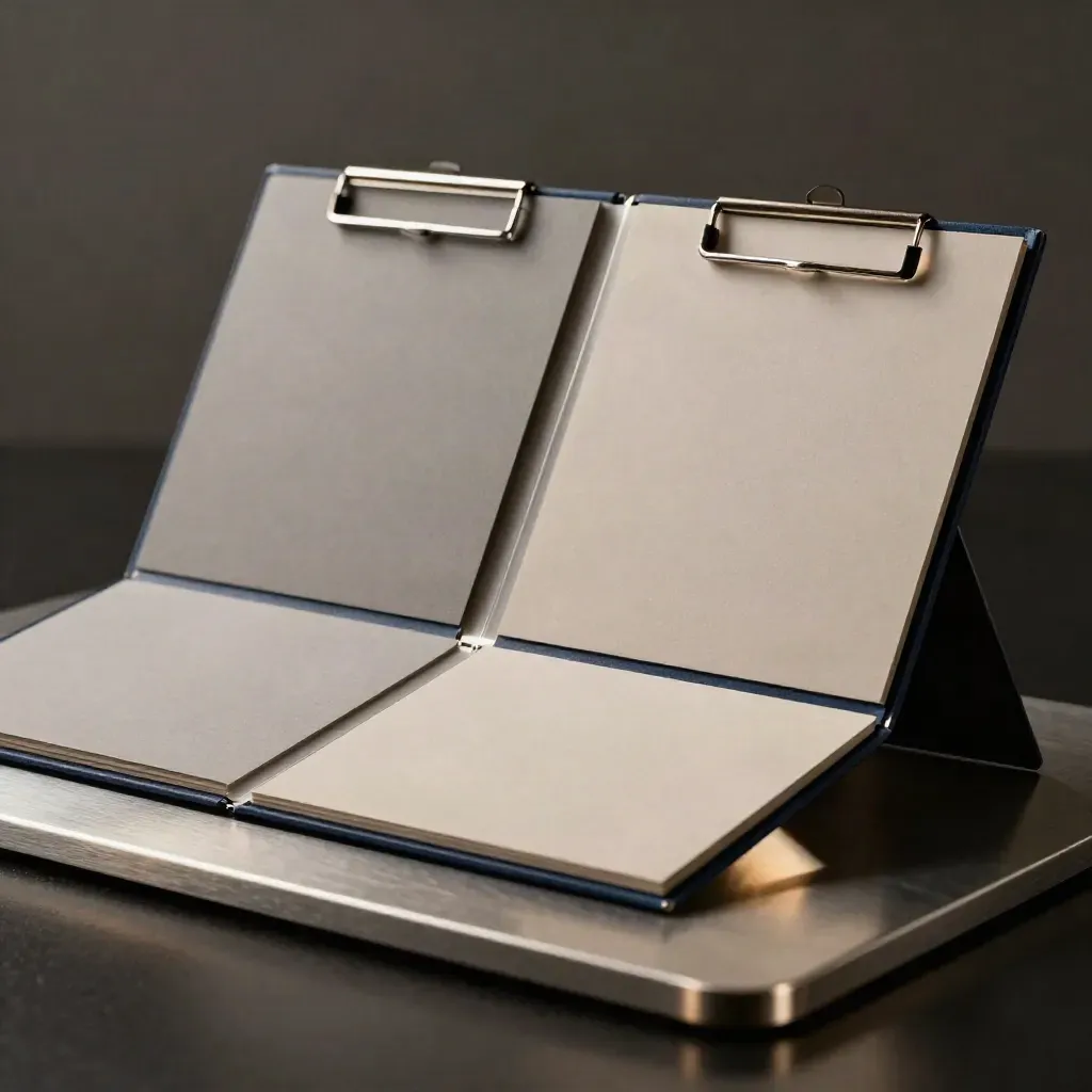 Kit de message bilingue à deux panneaux, ouvert sur une plaque d’aluminium brossé, fond sombre.