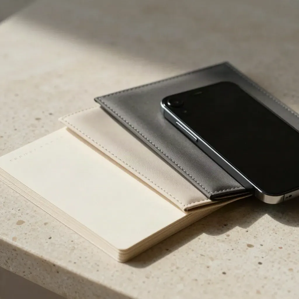 Kit de plan de contenu export en vue du dessus, pochettes superposées et téléphone noir sur travertin.