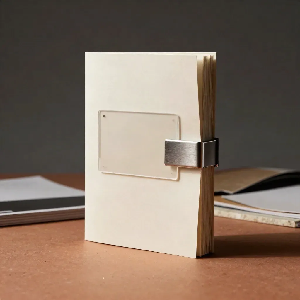 Kit de pitch export vertical, monolithe en papier et métal sur travertin, lumière douce en studio.