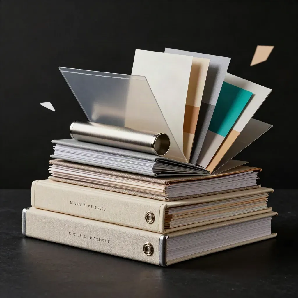 Pack Marque et Export en éventail, dossiers, étuis et swatches sur fond sombre avec lueur teal.