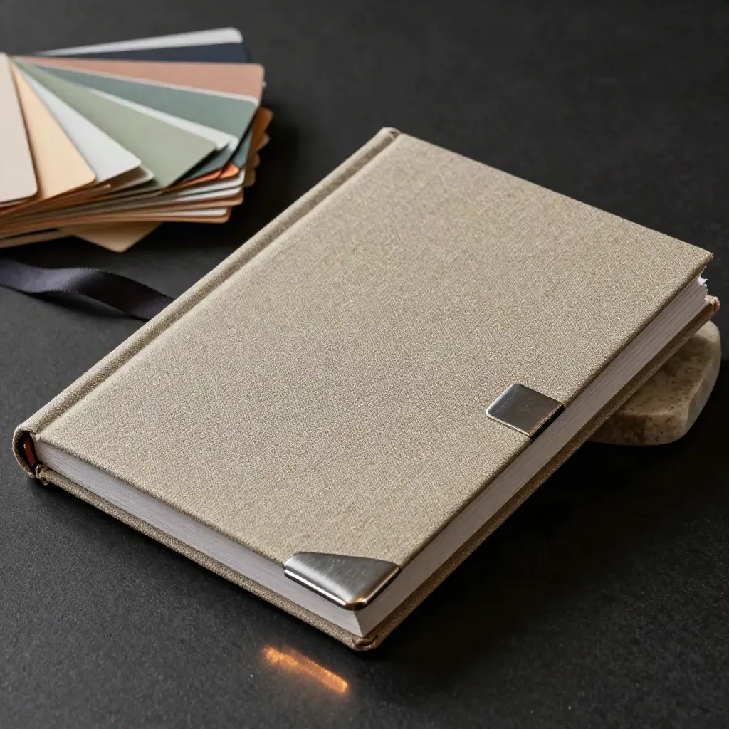 Folio relié en toile avec cartes couleur et ruban sombre sur pierre claire.