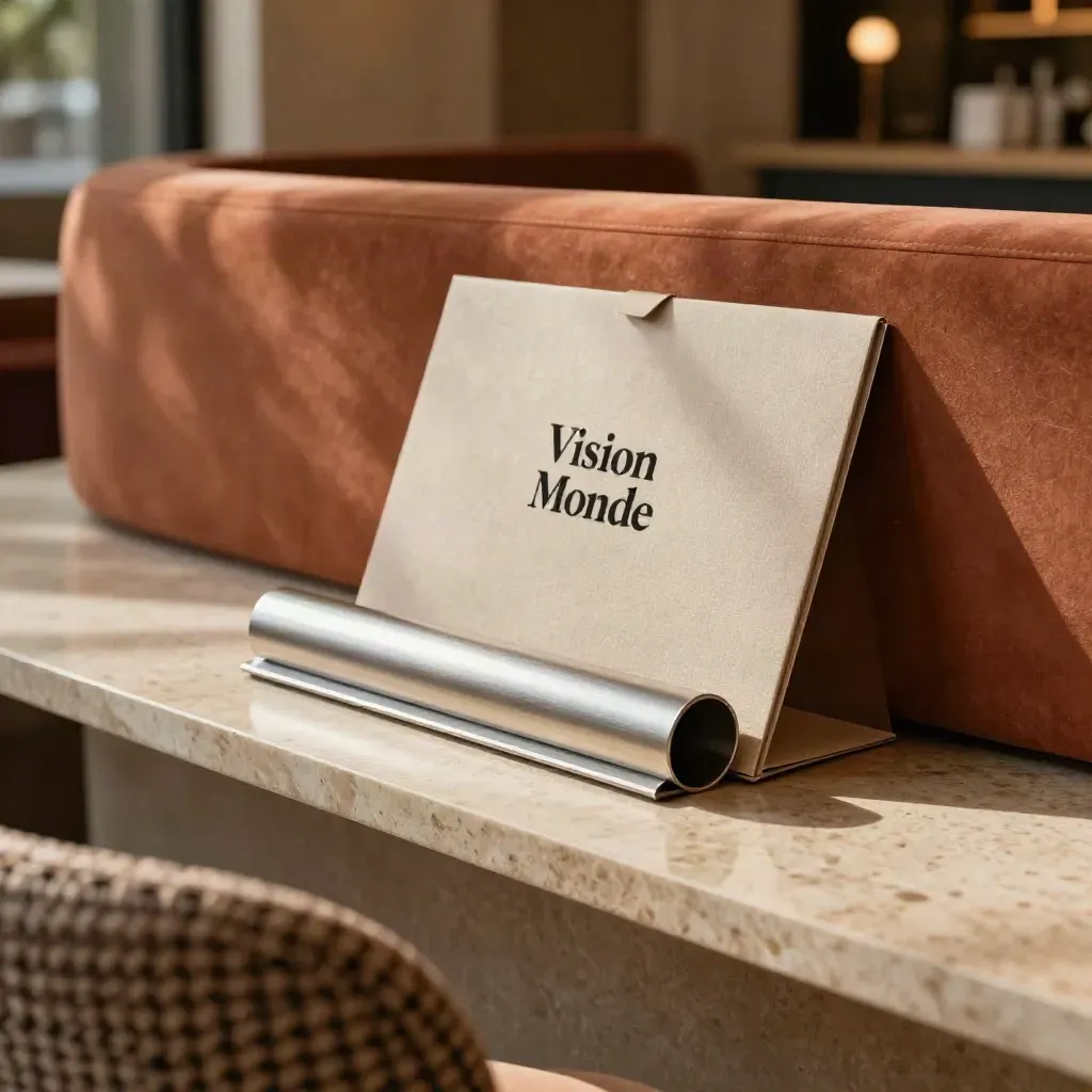 Kit de présentation compact posé dans un lounge d’hôtel, lumière douce et atmosphère feutrée.