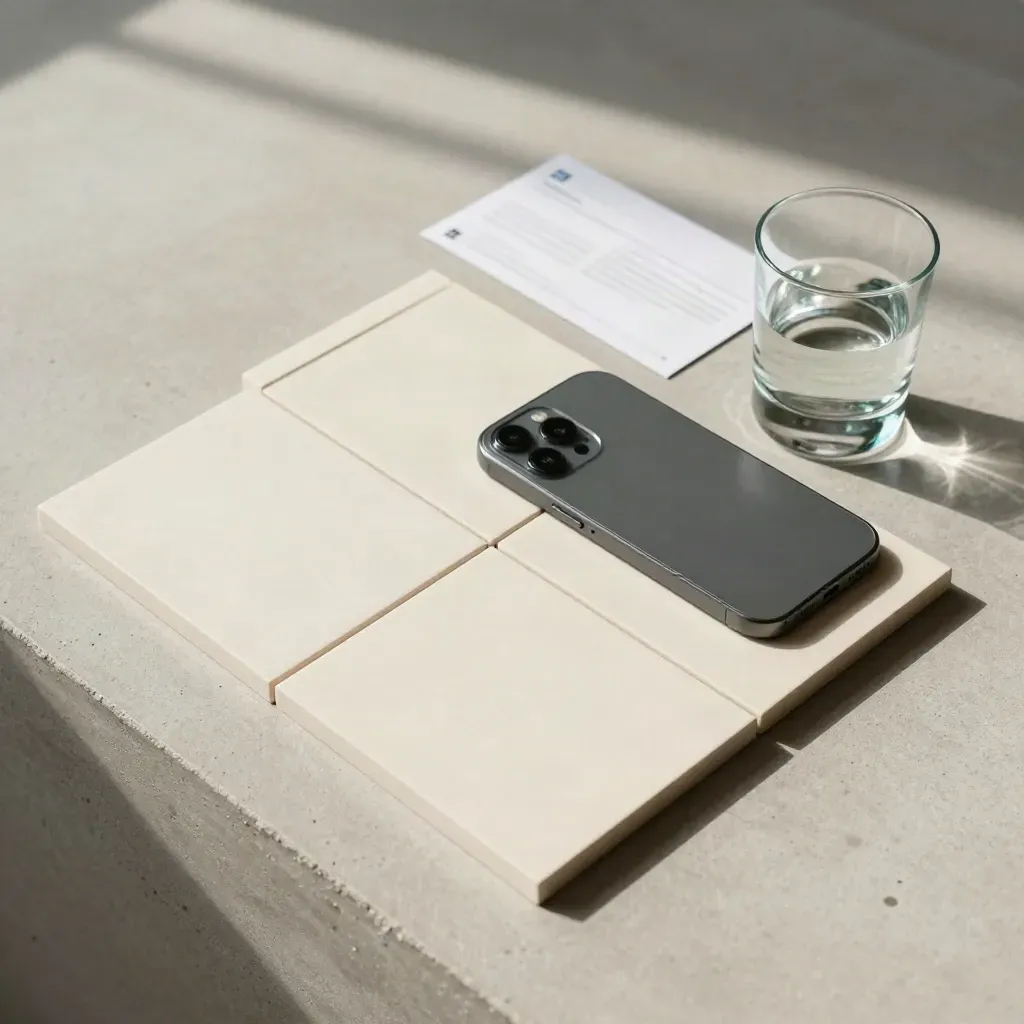 Vue du dessus d’un plan LinkedIn B2B avec tuiles vierges, smartphone et poids en verre.