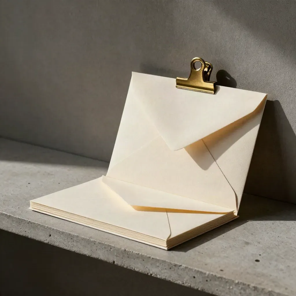 Kit papier de formation e-mails avec pochette en lin, enveloppes pliées et clip laiton.