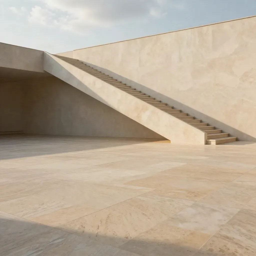 Cour moderne en travertin, escalier sculptural et ombres mouvantes, vue architecturale épurée.