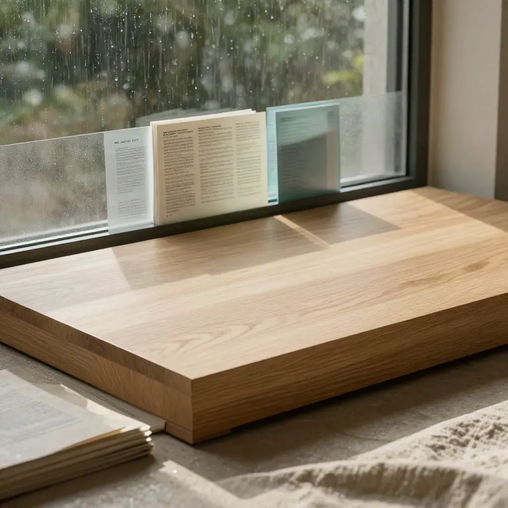 Plateau en chêne pâle près d’une fenêtre, verre dépoli et maquettes de messages multilingues.