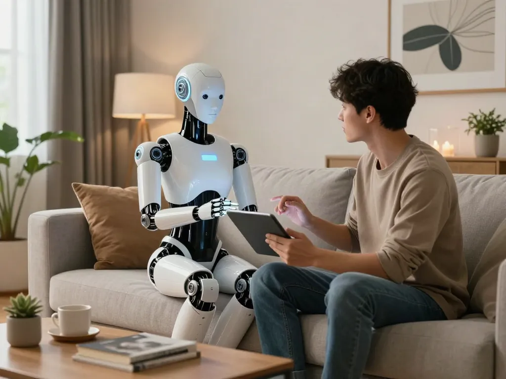 Engaging interaction with a humanoid sex bot in a modern home setting, showcasing advanced AI companionship.