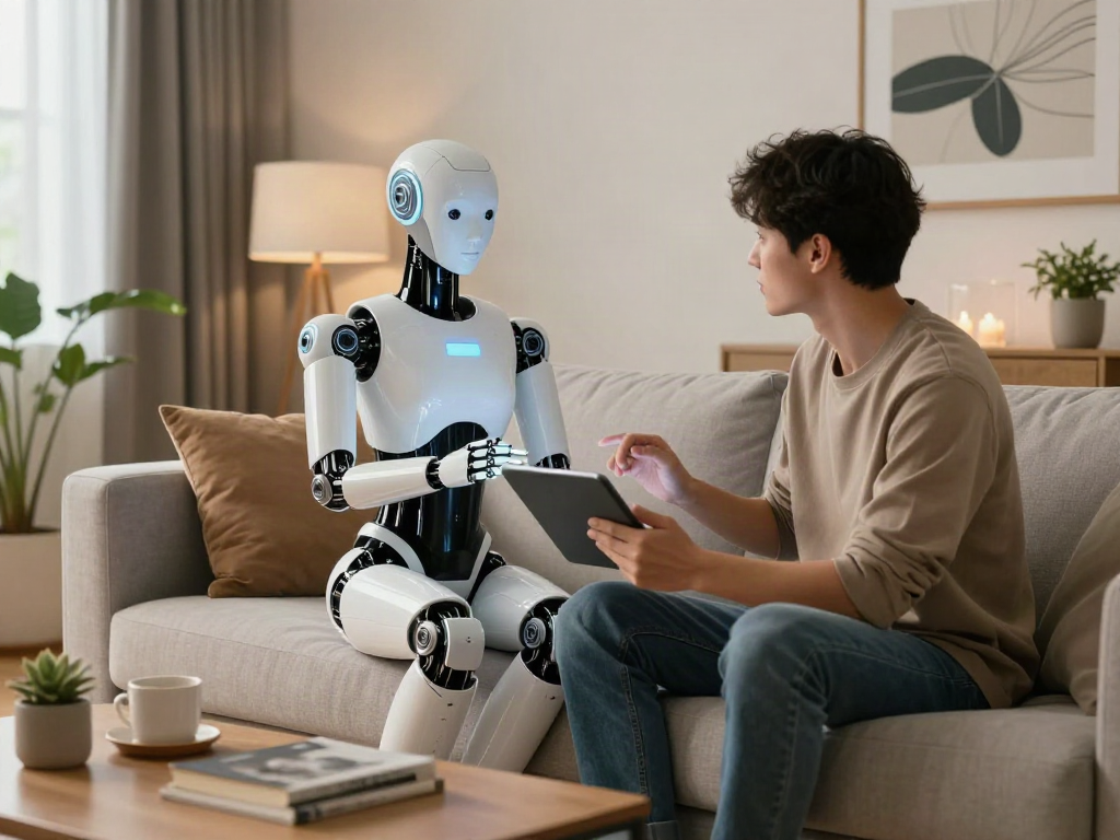 Engaging interaction with a humanoid sex bot in a modern home setting, showcasing advanced AI companionship.