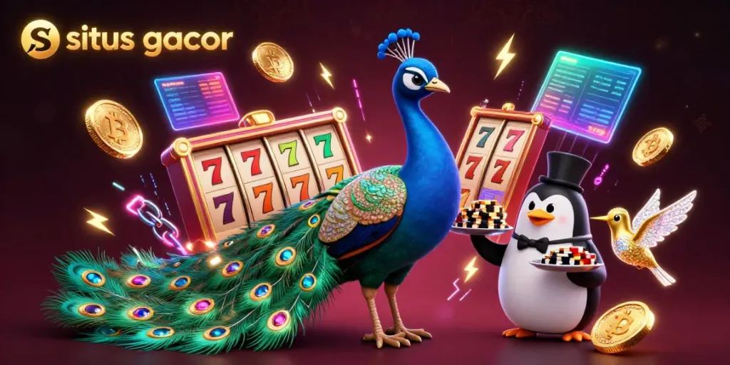 Menyajikan permainan slot gacor dengan aristokrat burung merak dan pengantar pingguin, dipenuhi koin Bitcoin dan Ethereum.