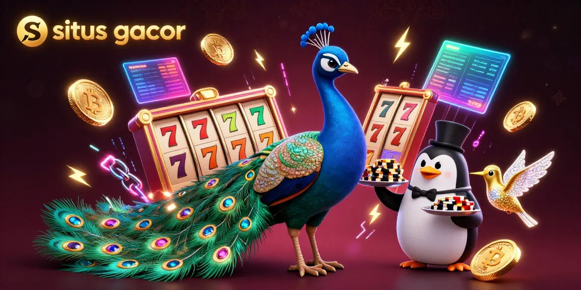 Menyajikan permainan slot gacor dengan aristokrat burung merak dan pengantar pingguin, dipenuhi koin Bitcoin dan Ethereum.